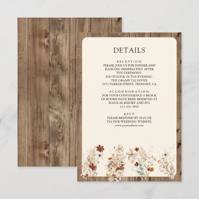 Cartão De Informações Detalhes do Casamento de Madeira Flor Silvestre Bo (Frente/Verso)