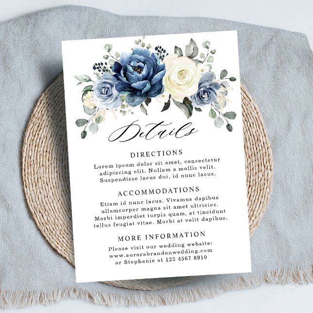 Cartão De Informações Detalhes do Casamento de Marfim do Champanhe de Ma (Dusty Blue Navy Champagne Ivory Wedding Details Enclosure Card)