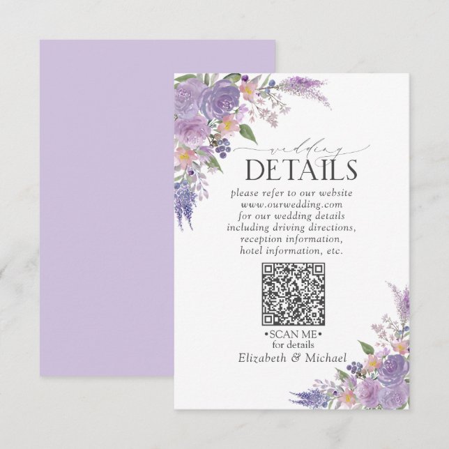 Cartão De Informações Detalhes do casamento de Mauve Floral QRCode da La (Frente/Verso)