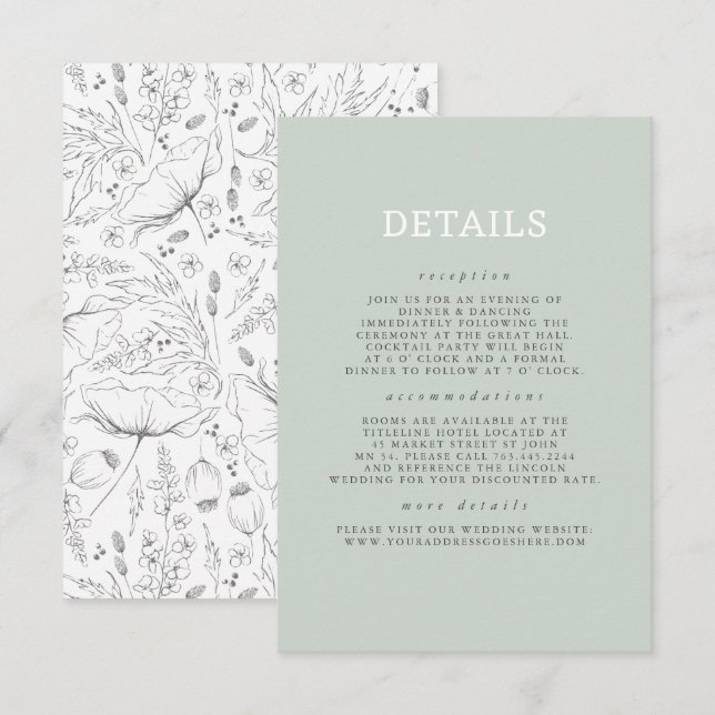 Cartão De Informações Detalhes do Casamento de Padrão de Flores Selvagen (Frente/Verso)