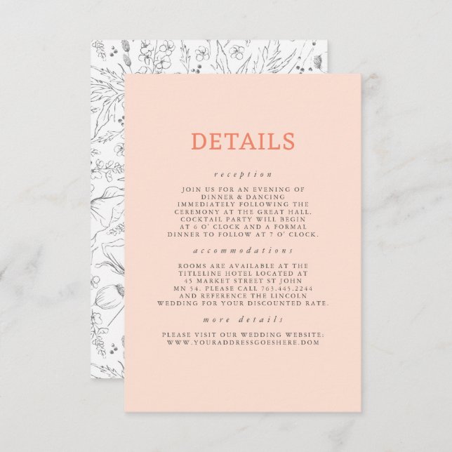 Cartão De Informações Detalhes do Casamento de Padrão de Flores Selvagen (Frente/Verso)