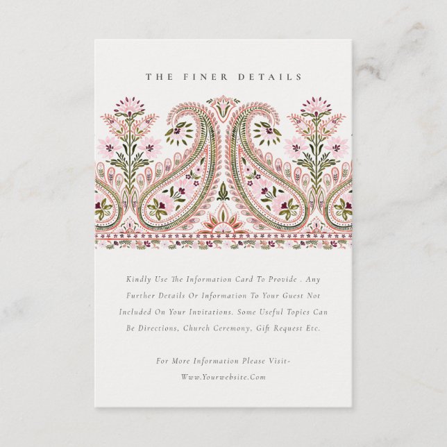Cartão De Informações Detalhes do Casamento de Paisley Motif, Verde-Rosa (Frente)