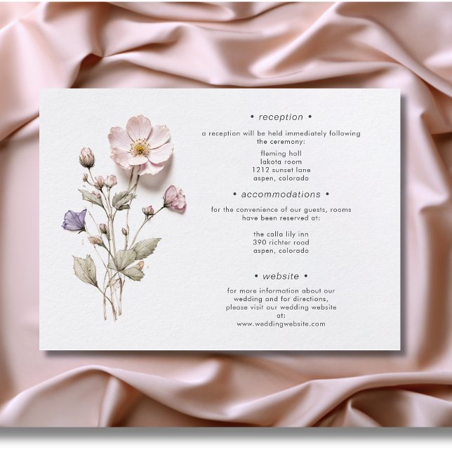 Cartão De Informações Detalhes do Casamento de Pastel Selvagens Pression (Modern Pressed Pastel Wildflowers Wedding Details Enclosure Card)
