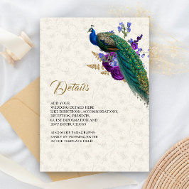Cartão De Informações Detalhes do Casamento de Pavão Floral Roxo Real