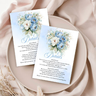 Cartão De Informações Detalhes do Casamento de Peônias Brancas Azul Real