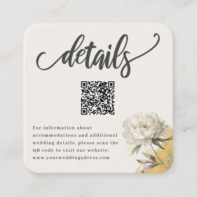Cartão De Informações Detalhes do Casamento de Peony QR Dourado Elegante (Frente)