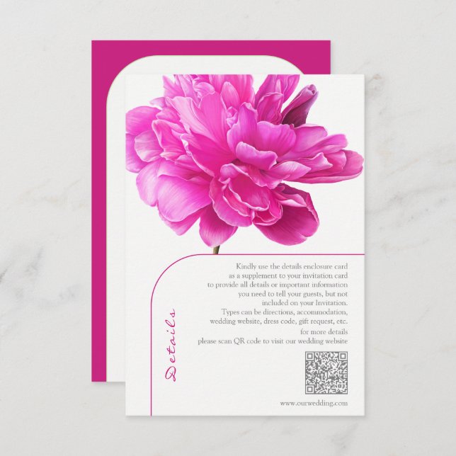 Cartão De Informações Detalhes do Casamento de Peony Rosa Brilhante (Frente/Verso)