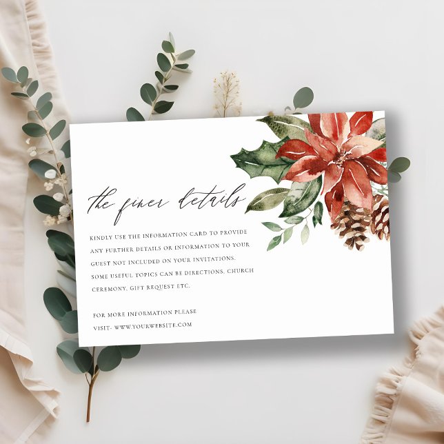 Cartão De Informações Detalhes do Casamento de Pine de Poinsettia Vermel (Criador carregado)