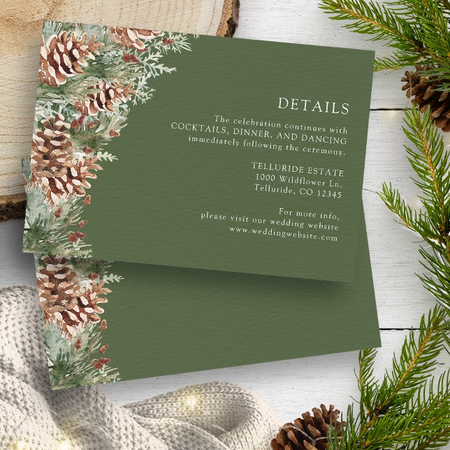 Cartão De Informações Detalhes do Casamento de Pine Verde (Green Watercolor Evergreen Pinecone Wedding Details Enclosure Card by Painted Paperie)