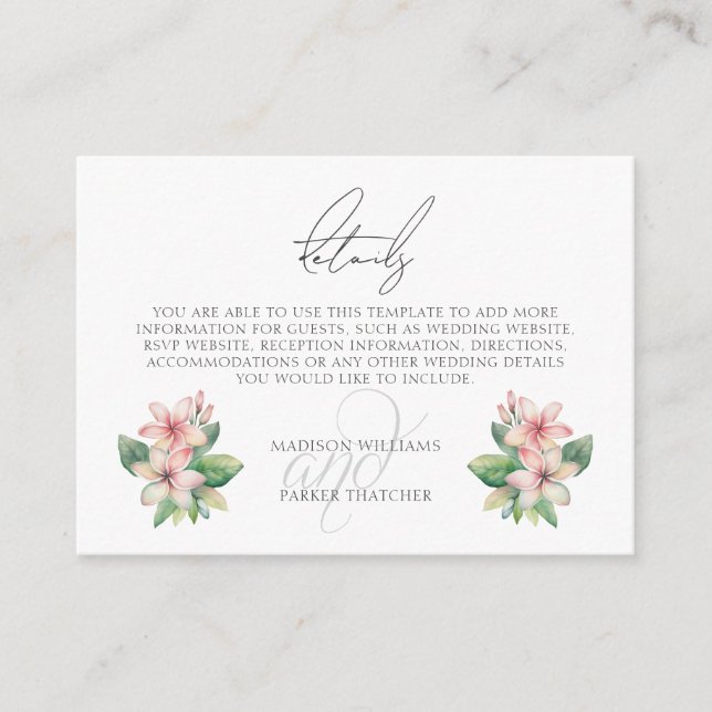 Cartão De Informações Detalhes do Casamento de Praia Tropical (Frente)