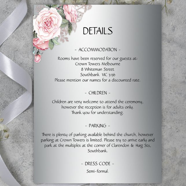 Cartão De Informações Detalhes do Casamento de Prata e Rosa Rosa Rosa (Criador carregado)
