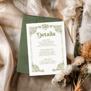 Cartão De Informações Detalhes do Casamento de Quadro Antiquado Verde-Ol