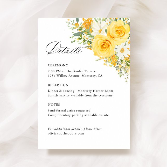 Cartão De Informações Detalhes do Casamento de Rosa Floral Amarela, Info (Yellow floral wedding details card, watercolor roses, garden wedding stationery information card)