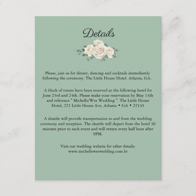 Cartão De Informações Detalhes do casamento de Rosa verde e branco minim (Frente)