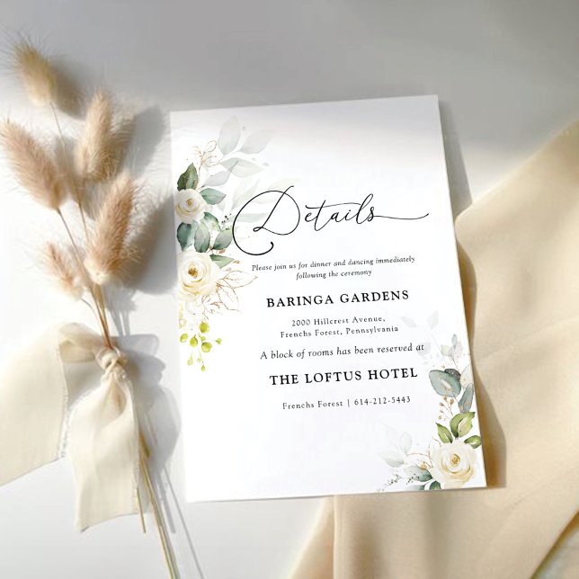 Cartão De Informações Detalhes do Casamento de Rosas Brancas Greenery (Criador carregado)