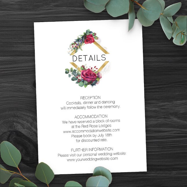 Cartão De Informações Detalhes do Casamento de rosas vermelhas e Eucalup (Romantic floral wedding details card from my Red Rose and Eucalyptus Wedding Collection)