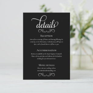 Cartão De Informações Detalhes do Casamento de Script Branco e Preto Ele