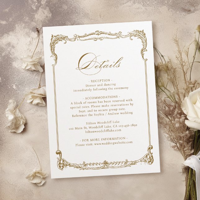 Cartão De Informações Detalhes do Casamento de Script Clássico de Quadro (Gold Vintage Frame Classic Script Wedding Details Enclosure Card)