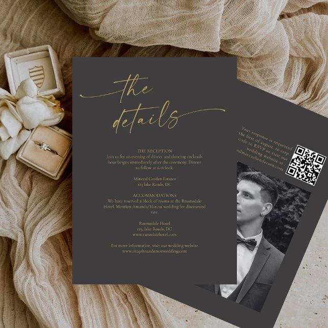 Cartão De Informações Detalhes do Casamento de Script de Caligrafia Mode (Criador carregado)