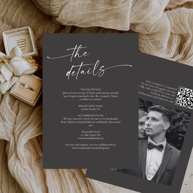 Cartão De Informações Detalhes do Casamento de Script de Caligrafia Mode (Criador carregado)