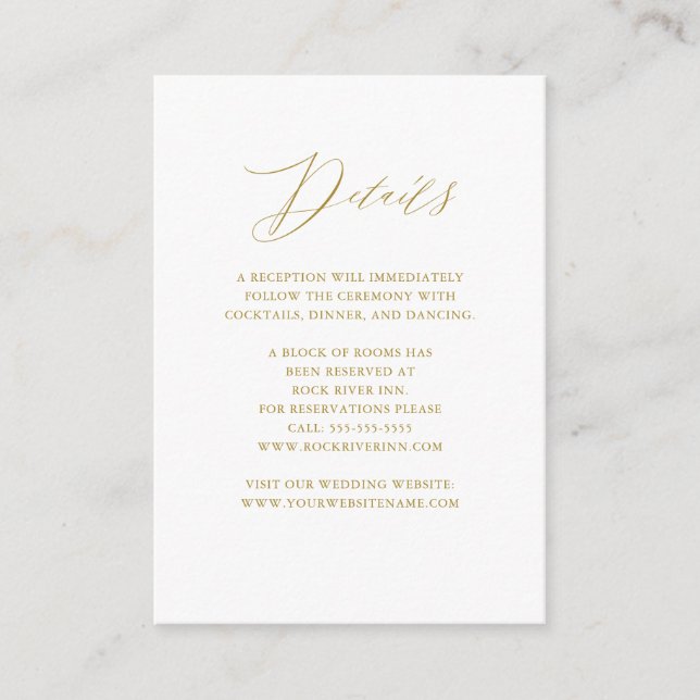 Cartão De Informações Detalhes do Casamento de Script Dourado Branco Ele (Frente)
