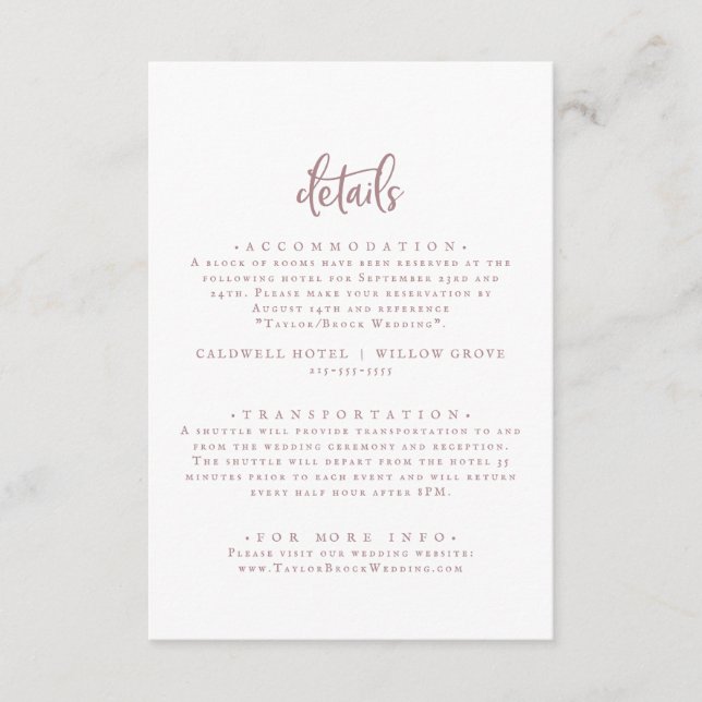 Cartão De Informações Detalhes do Casamento de Script Dourado Rustic Ros (Frente)