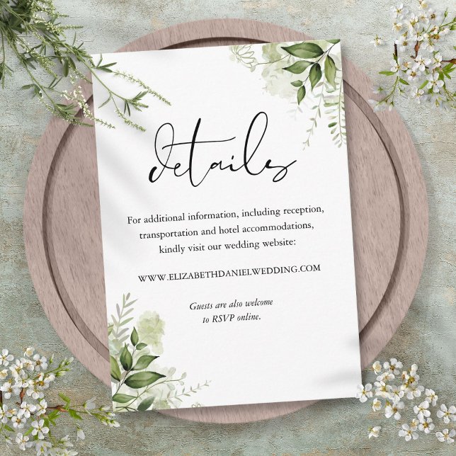 Cartão De Informações Detalhes do Casamento de Script Elegante Verde Flo (Greenery Floral Elegant Script Wedding Details Enclosure Card)