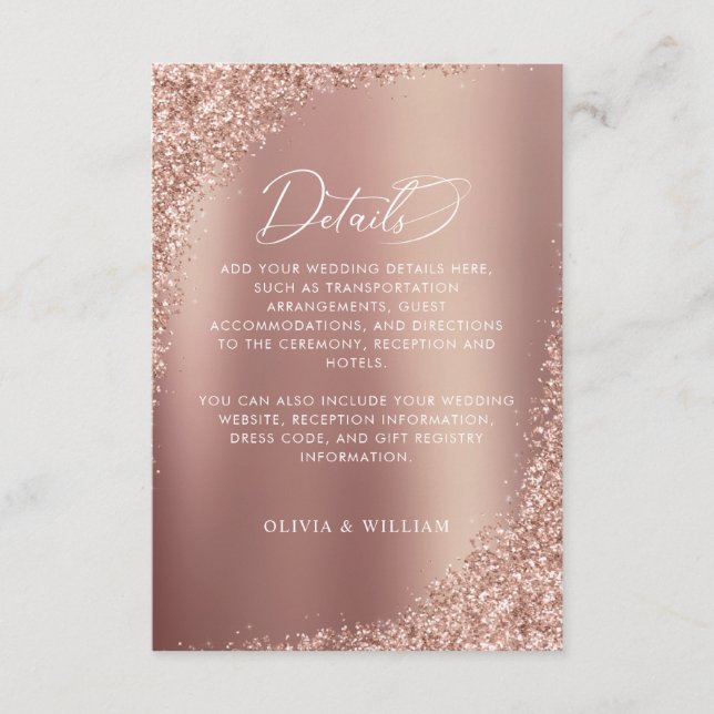 Cartão De Informações Detalhes do Casamento de Script Glitter Dourado ro (Frente)
