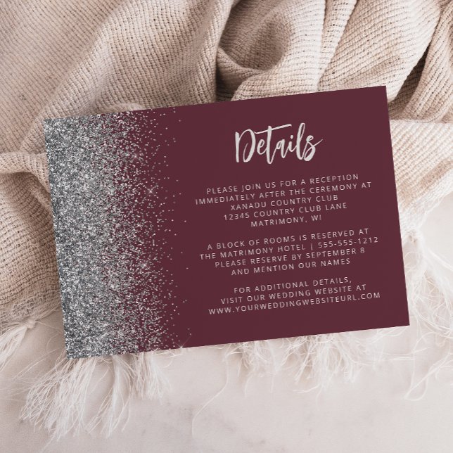 Cartão De Informações Detalhes do Casamento de Script Glitter Silver Bur (Criador carregado)