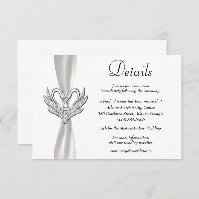 Cartão De Informações Detalhes do Casamento de Swans de Prata Branca (Frente/Verso)