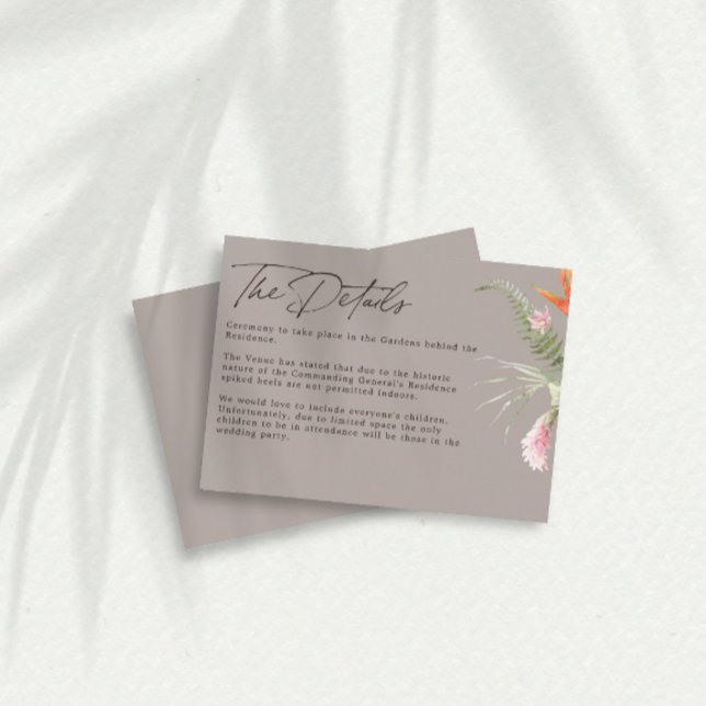 Cartão De Informações Detalhes do Casamento de Taupe Floral Tropical (Criador carregado)