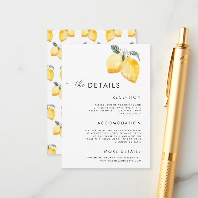 Cartão De Informações Detalhes do Casamento de Verão com Limões de Aquar (Frente/Verso In Situ)
