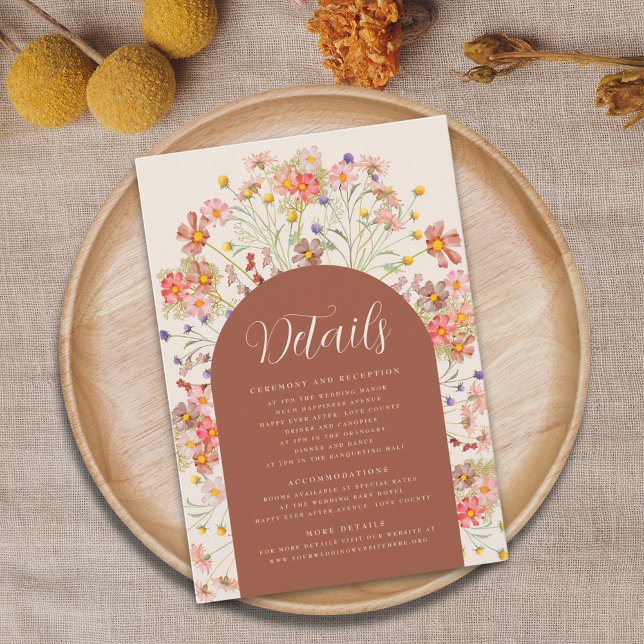 Cartão De Informações Detalhes do Casamento do Arco Floral Russo Boho Fa (Burnt orange Boho fall rustic floral arch wedding details enclosure card Watercolor flowers)