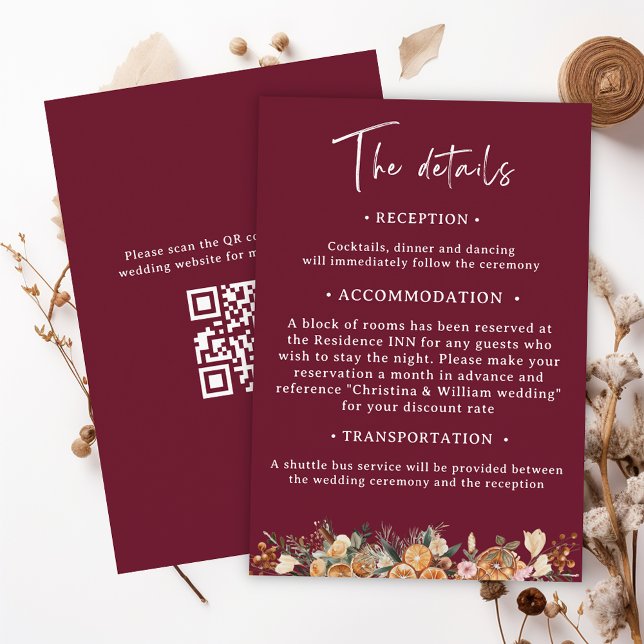 Cartão De Informações Detalhes do casamento do Boho Burgundy Winter Holi (Criador carregado)