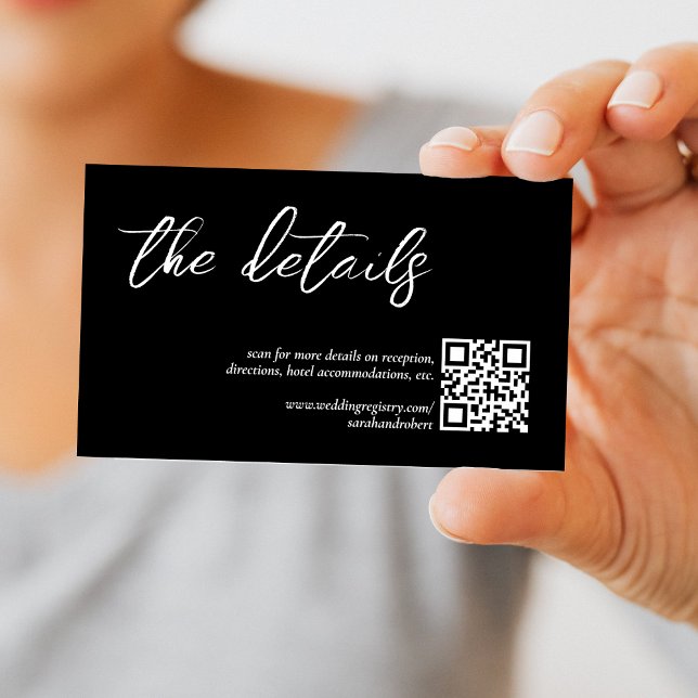Cartão De Informações Detalhes do Casamento do Código QR Elegante Preto (Black Elegant QR Code Wedding Details Enclosure Card)