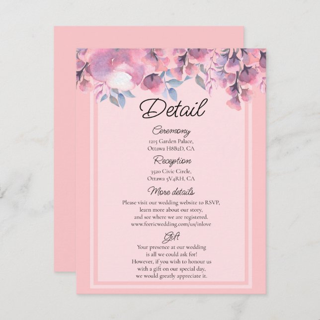 Cartão De Informações Detalhes do casamento do Dusty Rosa Floral (Frente/Verso)