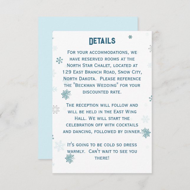 Cartão De Informações Detalhes do Casamento do Floco de Neve da Wonderla (Frente/Verso)