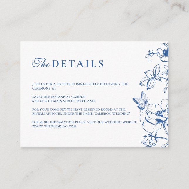 Cartão De Informações Detalhes do Casamento do Jardim Floral Real Azul E (Frente)