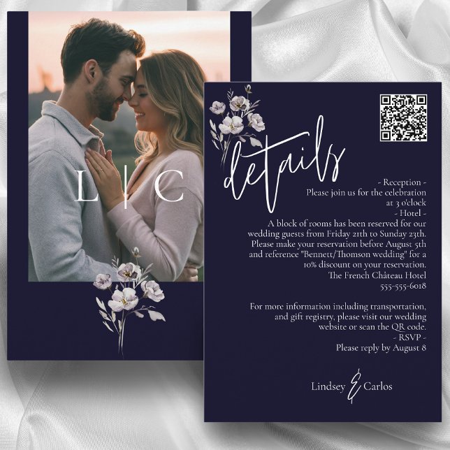 Cartão De Informações Detalhes do casamento do marinho escuro moderno el (Criador carregado)