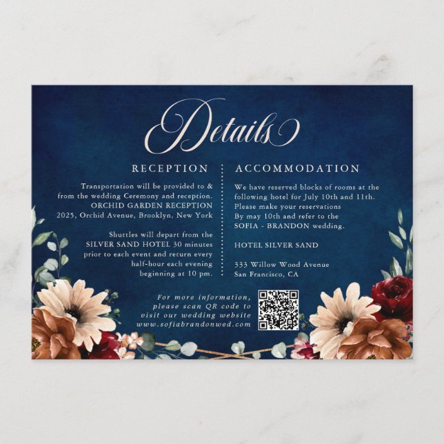 Cartão De Informações Detalhes do casamento do Marinho Terracotta Greene (Frente)