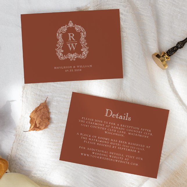 Cartão De Informações Detalhes do Casamento do Monograma Crest Terracott (Criador carregado)
