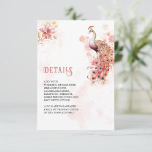 Cartão De Informações Detalhes do Casamento do Pavão Floral em Ouro Rosa