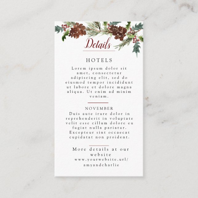 Cartão De Informações Detalhes do Casamento do Pine de inverno (Frente)