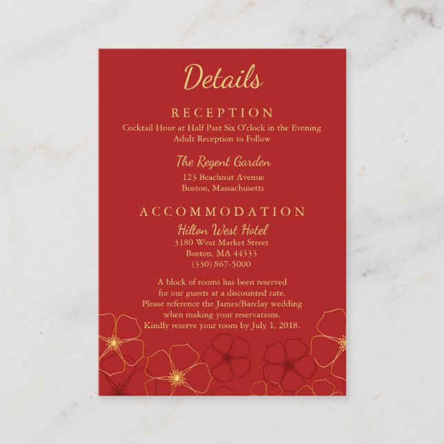 Cartão De Informações Detalhes do Casamento do Red Dourado Cherry Blosso (Frente)