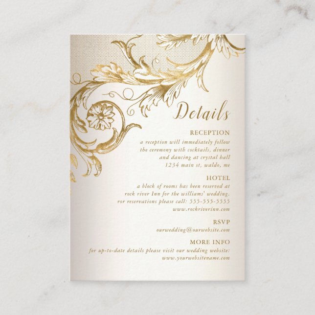 Cartão De Informações Detalhes do Casamento do Script Floral Dourado do  (Frente)