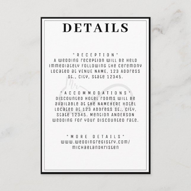 Cartão De Informações Detalhes do Casamento do Símbolo Sr. & Sra. Infini (Frente)