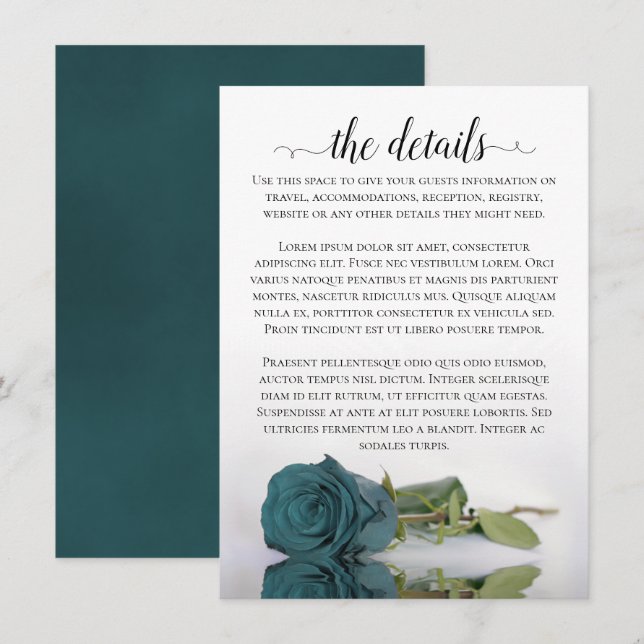 Cartão De Informações Detalhes do Casamento do Teal Elegante Refletindo  (Frente/Verso)