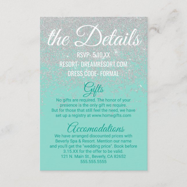 Cartão De Informações Detalhes do Casamento do Teal Glitter Brancos Glit (Frente)