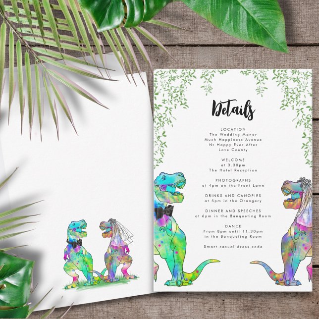 Cartão De Informações Detalhes do Casamento do Tema Dinossauro (T-Rex bride and groom colorful dinosaur wedding invitation details enclosure card)