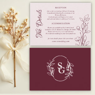 Cartão De Informações Detalhes do Casamento do Vinho Boho Ruby Simples